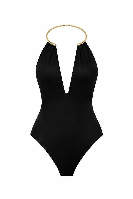 Mónaco Mayo preto com decote em V, colar metálico e costas abertas, corte asa delta elegante e forrado, ideal para usar como body.